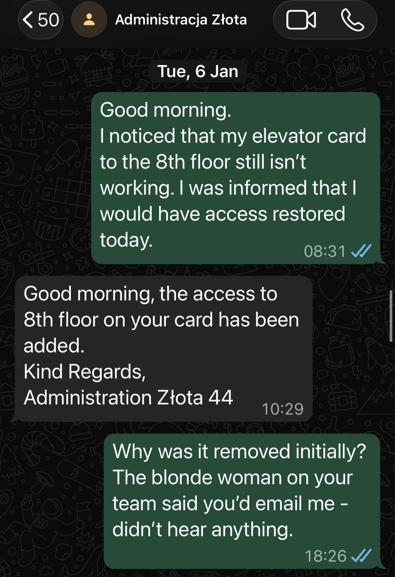 WhatsApp screenshot showing 8th floor access added back without explanation for original removal