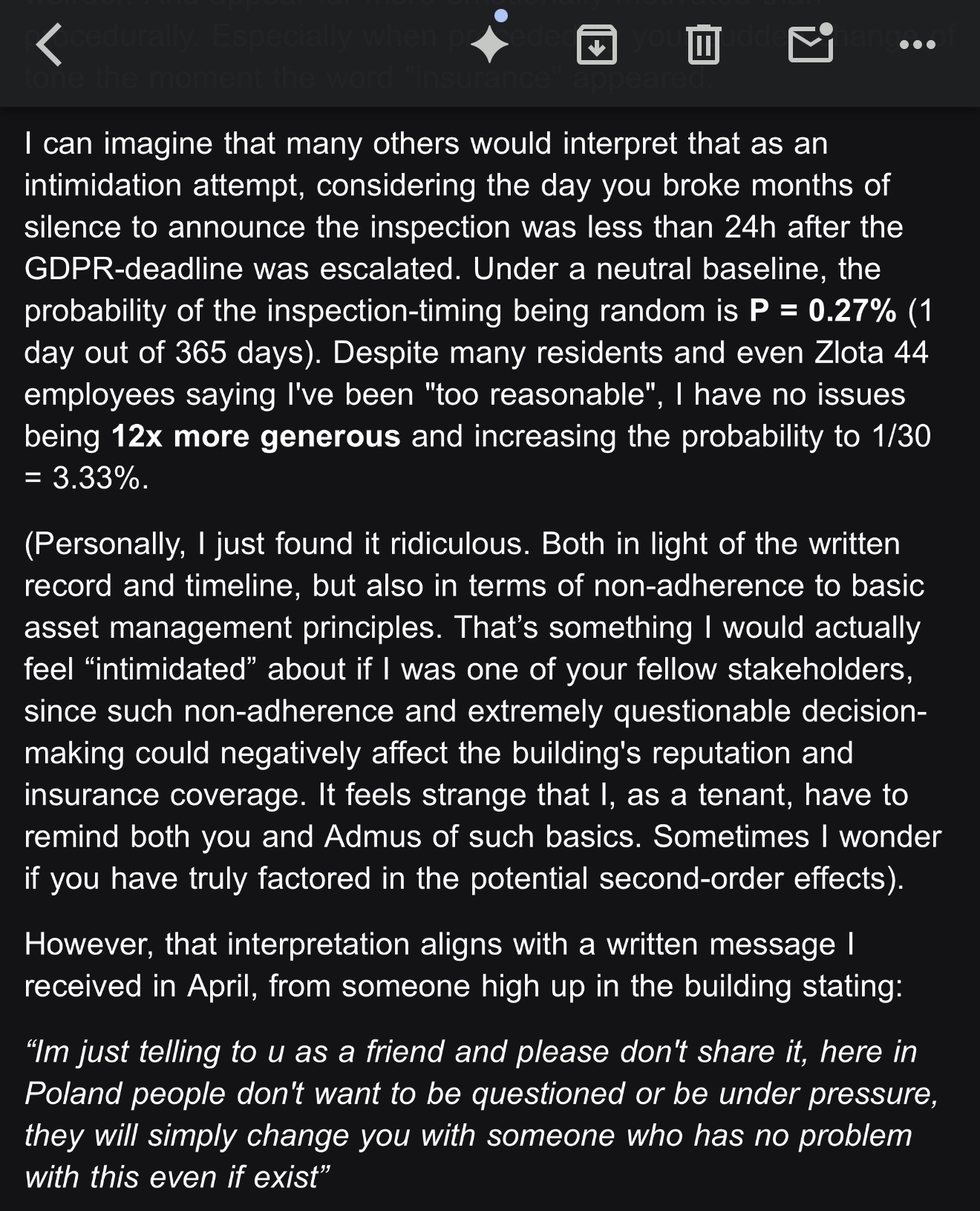 Written note explaining that the inspection appeared less than 24 hours after GDPR escalation, calculating 0.27 percent timing probability, and describing asset management concerns