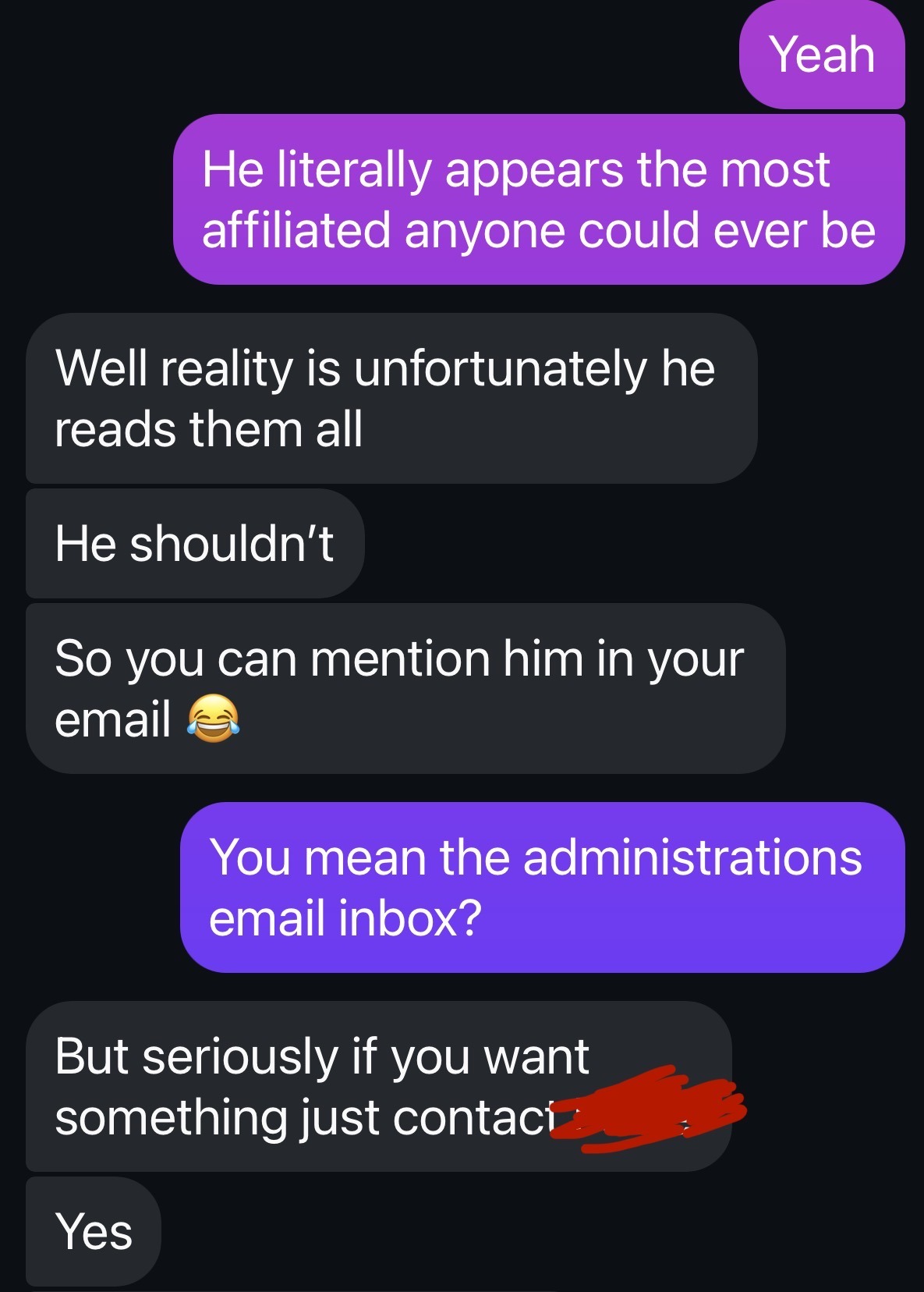 Chat screenshot where separate person says reality is unfortunately he reads them all, he should not, and the resident can mention him in email