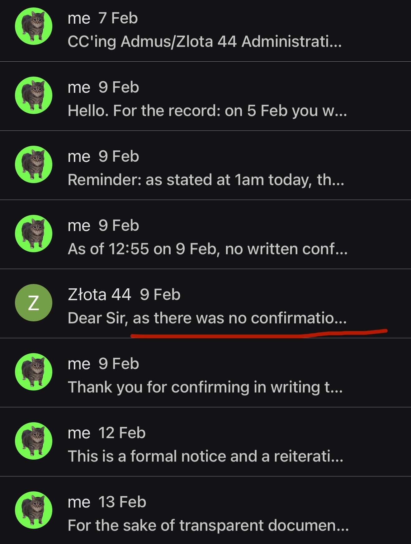 Email thread list showing several resident messages on 7 and 9 February followed by Złota 44 writing “as there was no confirmation” on 9 February.