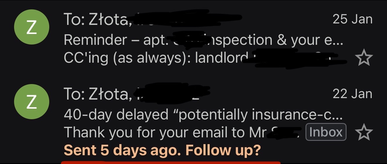 Email inbox screenshots showing the resident chasing the inspection and reminding Złota 44 after delayed urgent-inspection correspondence.