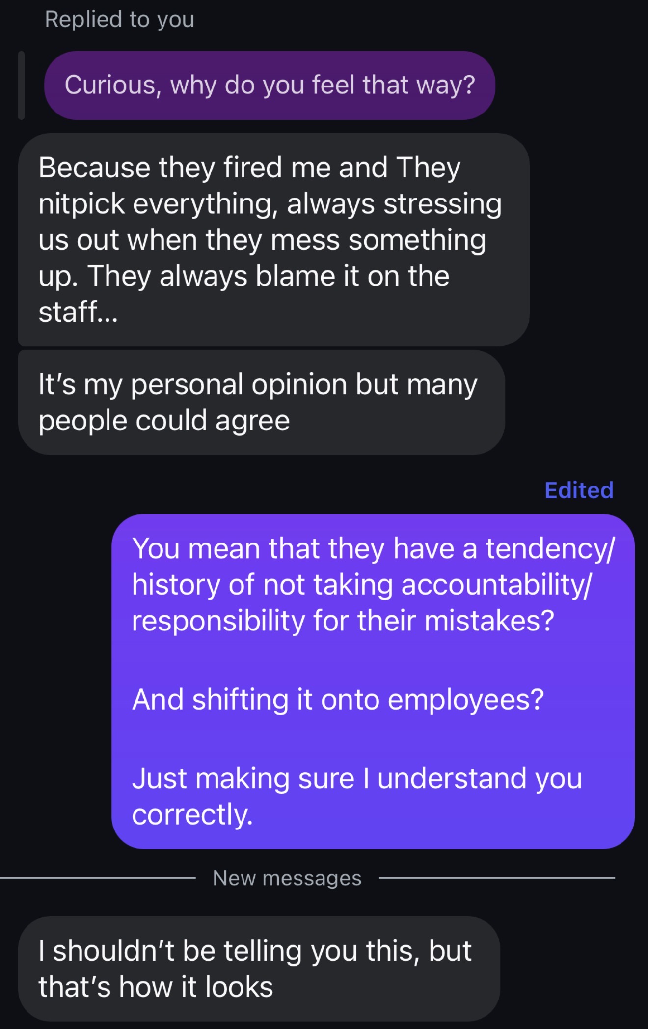 Message screenshot describing Administration shifting blame onto staff.