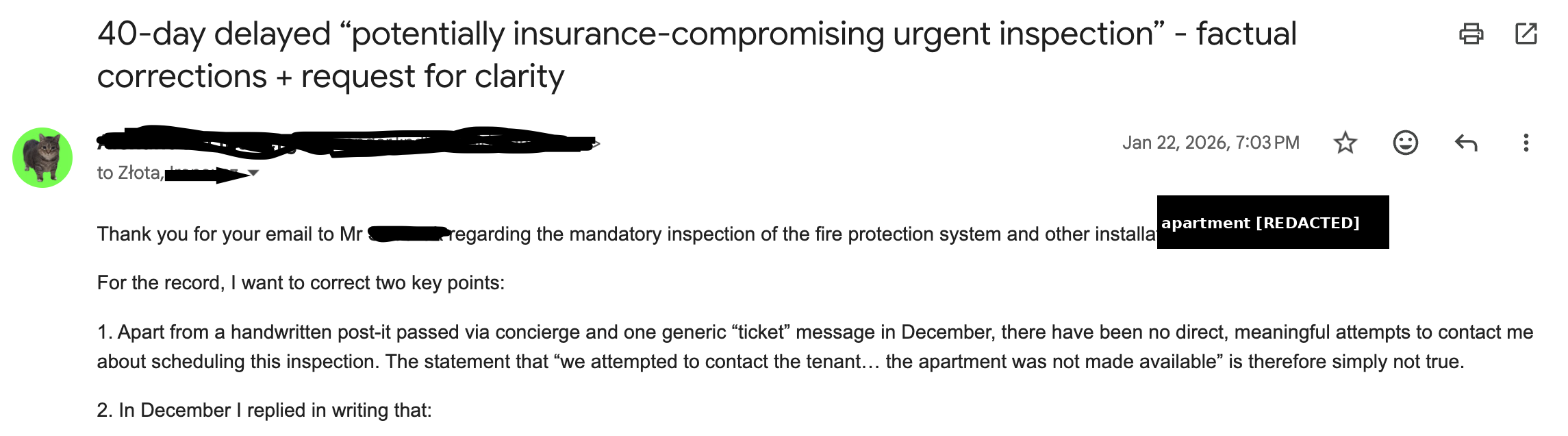 Redacted Gmail header for 22 January 2026 email about 40-day delayed insurance-compromising urgent inspection, with OIIA Cat avatar visible