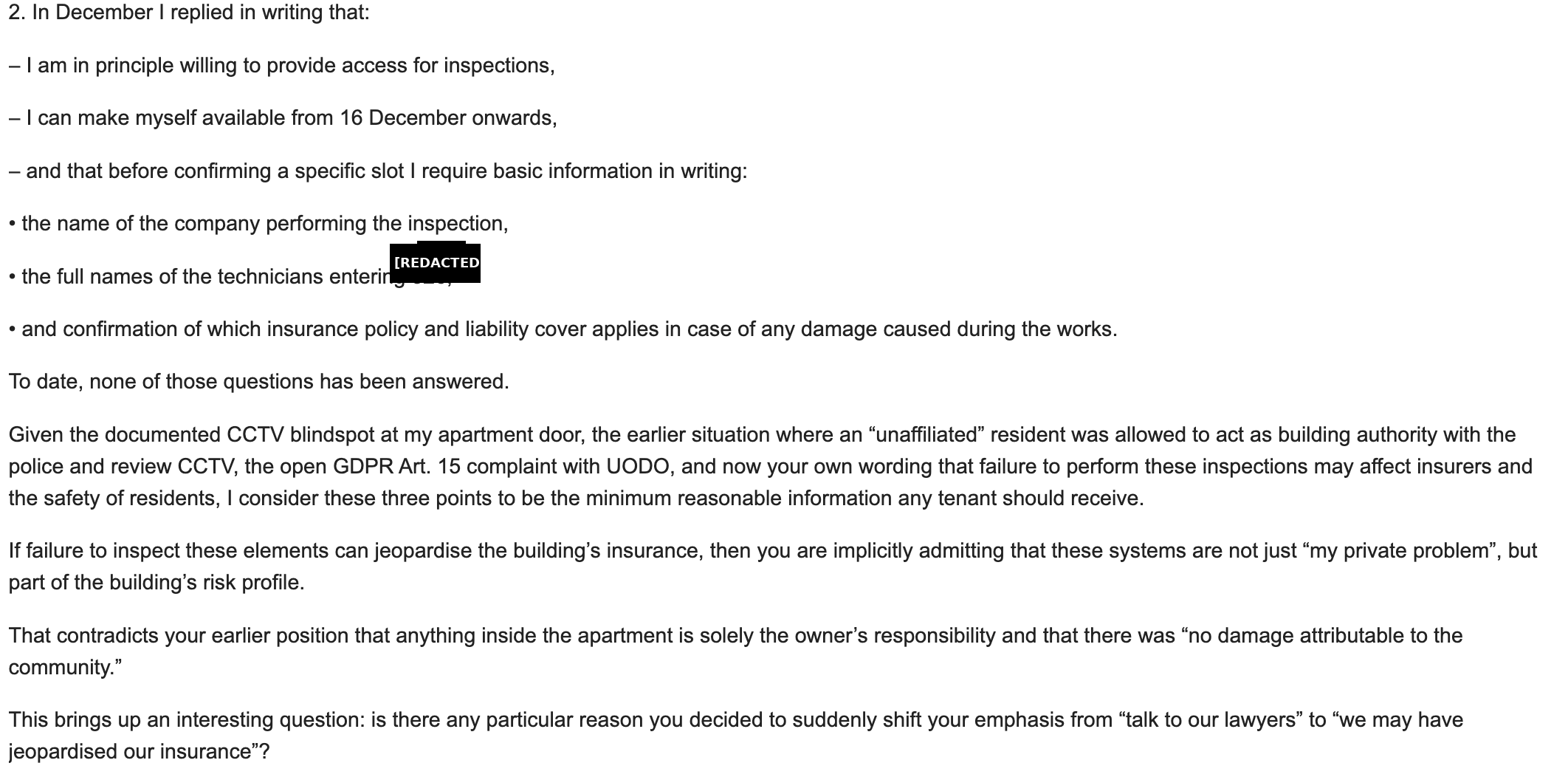 Redacted screenshot showing the resident had already agreed in principle to provide inspection access and requested the company name, technician names and insurance/liability cover
