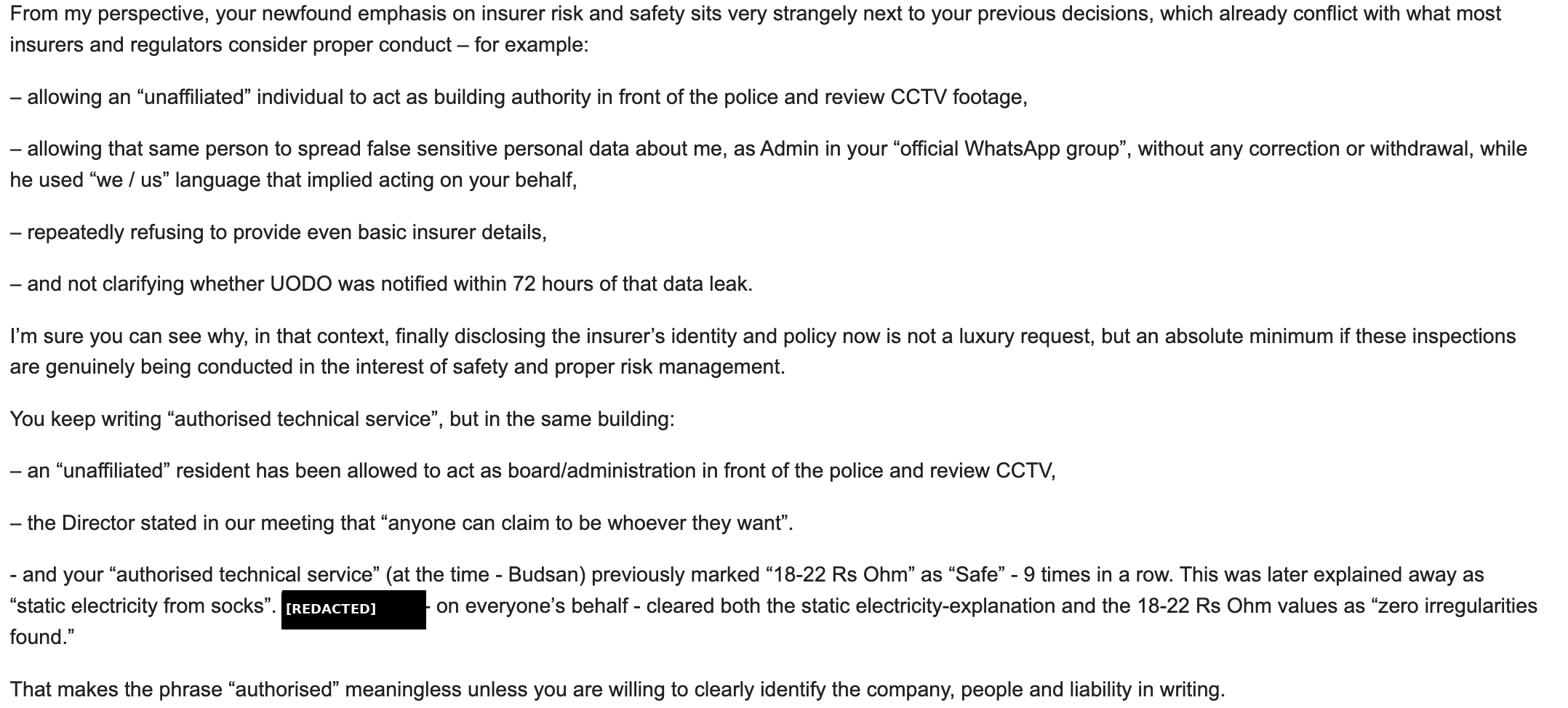 Redacted screenshot explaining why insurer identity and policy disclosure are minimum risk-management requirements after CCTV, GDPR and authority problems
