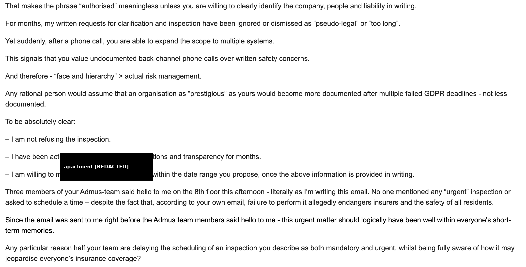 Redacted screenshot showing the resident was not refusing inspection, had been actively requesting inspection and transparency, and notes Admus team members passing him without mentioning the urgent inspection