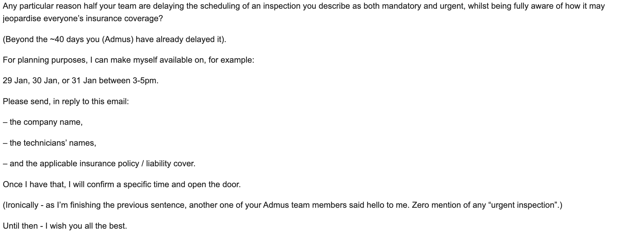 Redacted screenshot offering 29, 30 or 31 January availability and requesting company, technician names and insurance/liability cover before confirming a specific time
