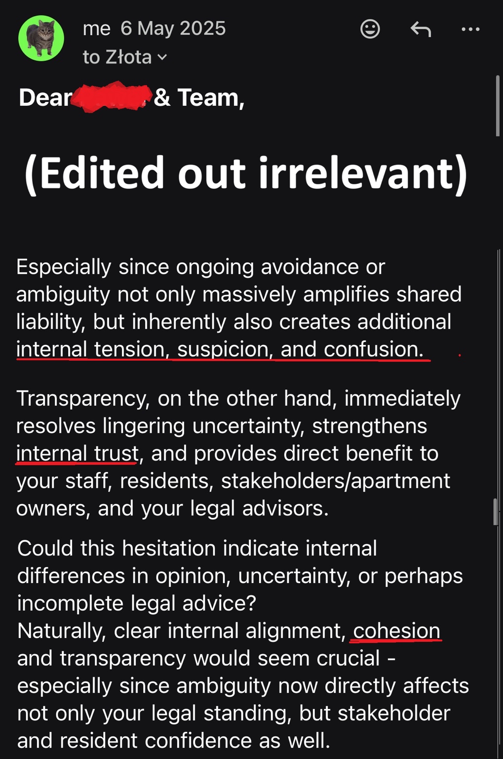 May 6 email warning that avoidance and ambiguity amplify shared liability and create internal tension, suspicion and confusion.