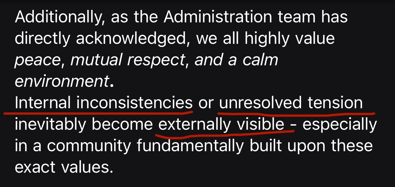 May 6 email warning that internal inconsistencies and unresolved tension inevitably become externally visible.