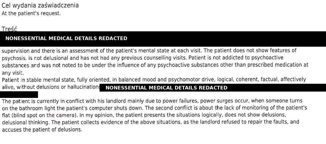 Redacted English medical certificate excerpt directly contradicting psychosis, delusion and substance allegations