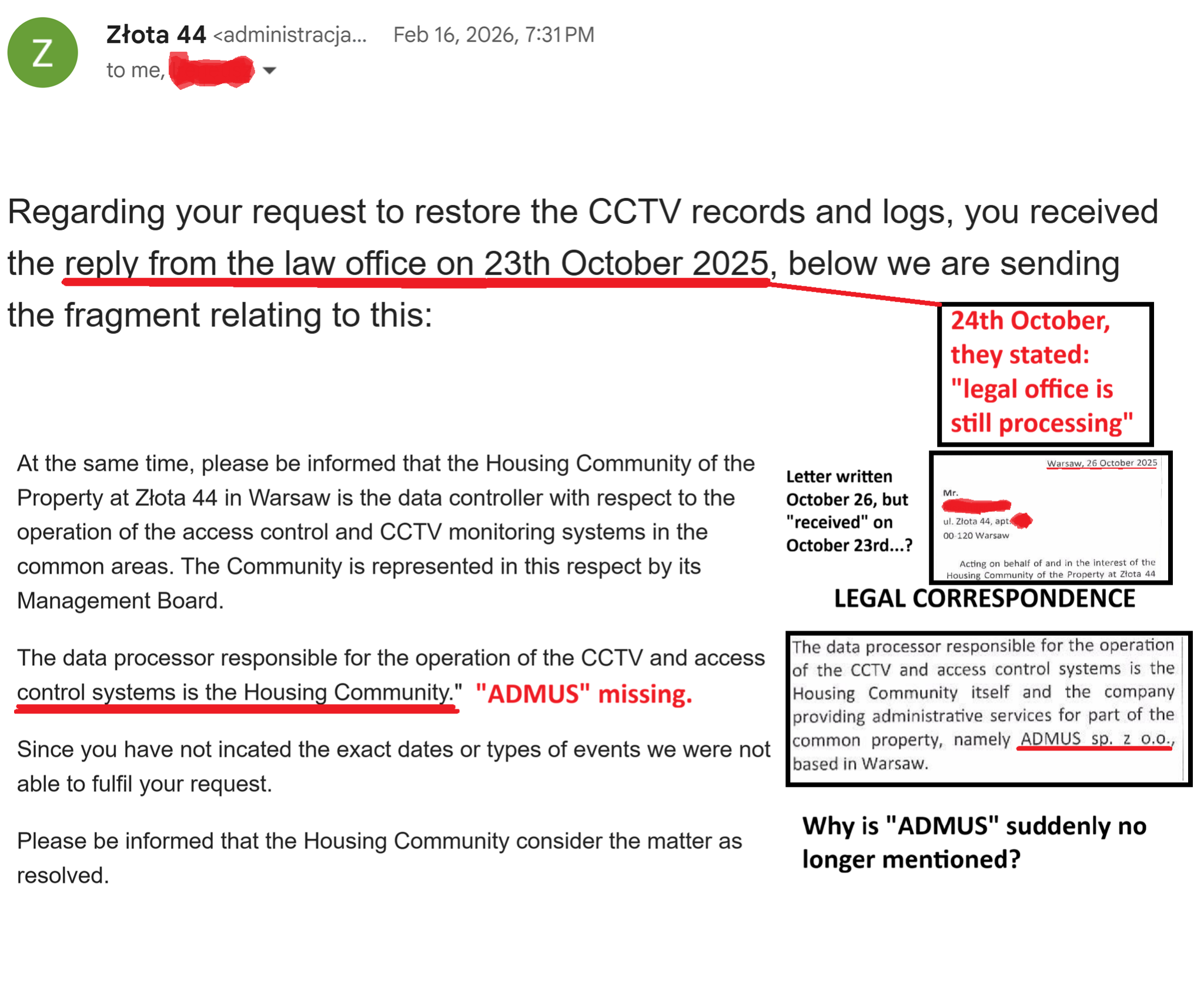 Composite screenshot showing February 16 administration email, the claimed October 23 reply issue, the October 26 legal letter date, and the missing ADMUS fragment