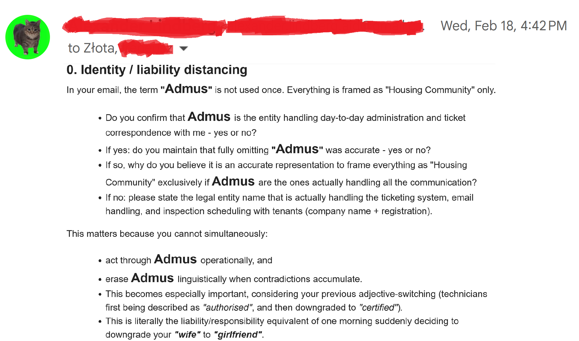 Resident email dated February 16 catching identity and liability distancing: ADMUS is not used once and everything is framed as Housing Community only