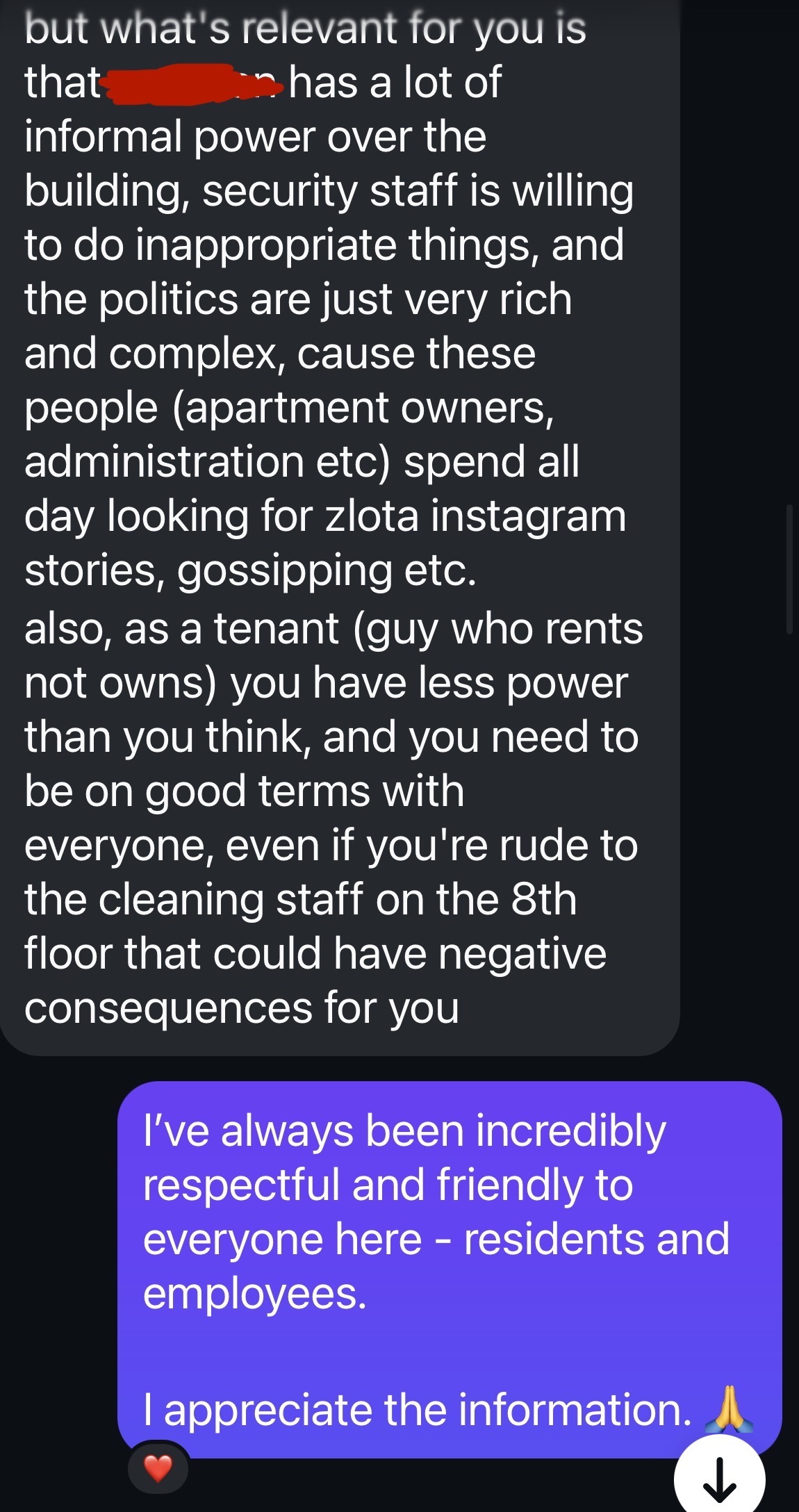 Separate resident message stating the unaffiliated representative has informal power, security staff is willing to do inappropriate things, and tenants have less power than they think