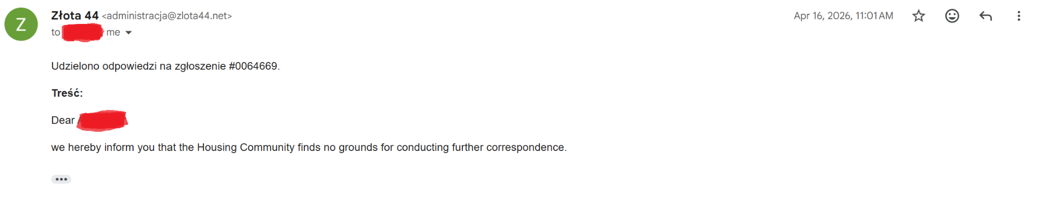 April 16, 2026 email: Housing Community finds no grounds for conducting further correspondence