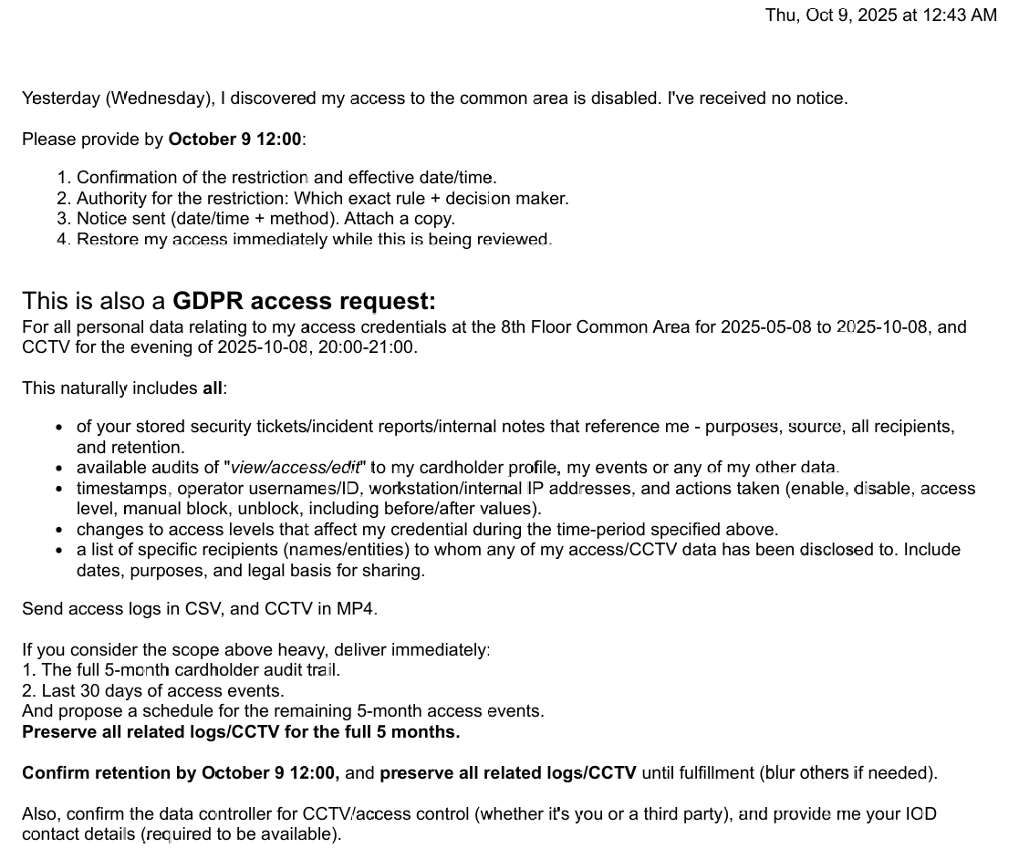 Redacted 9 October GDPR Article 15 access request showing defined time windows, requested logs/CCTV, and fallback disclosure path
