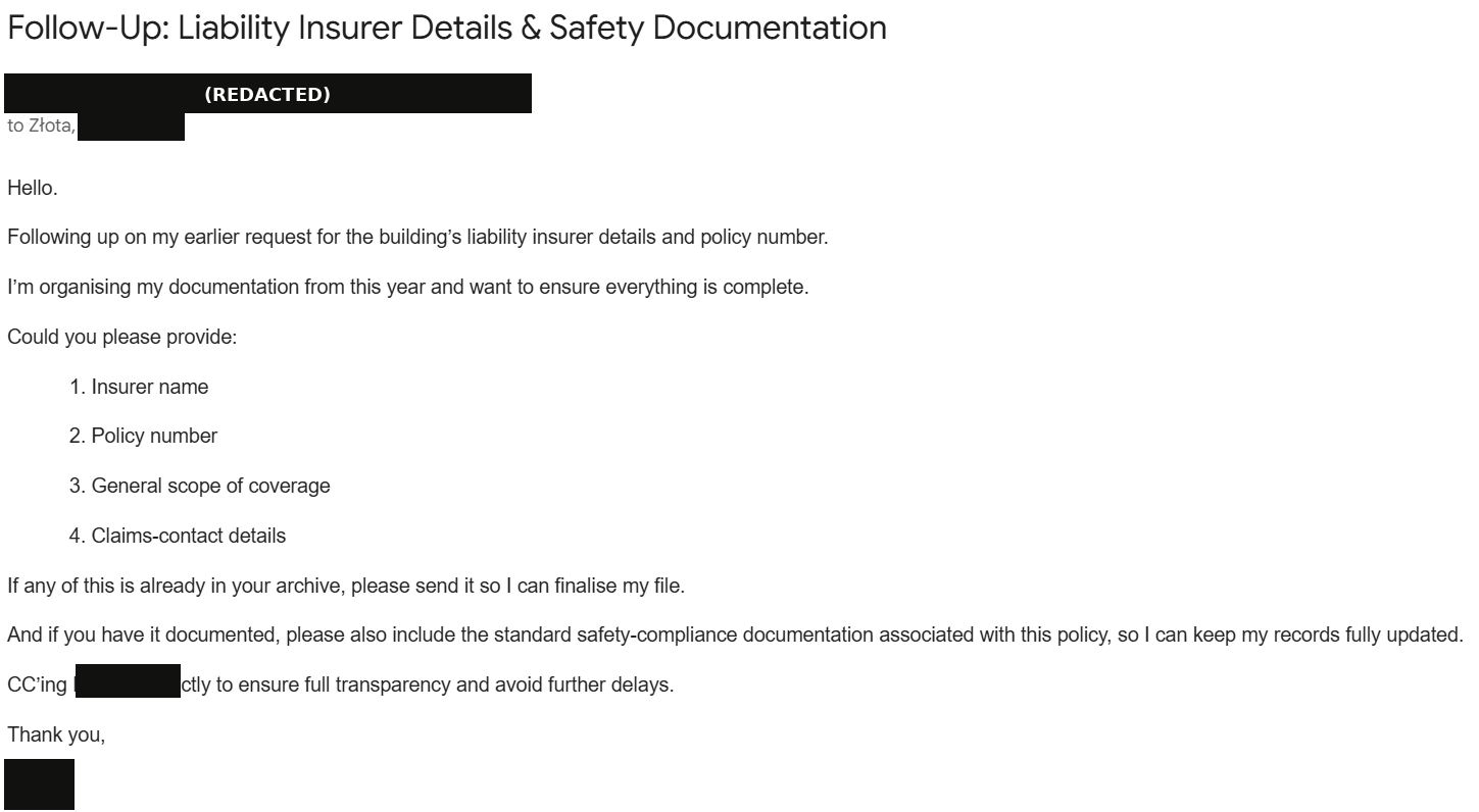 Redacted email requesting insurer name, policy number, scope of coverage and claims-contact details