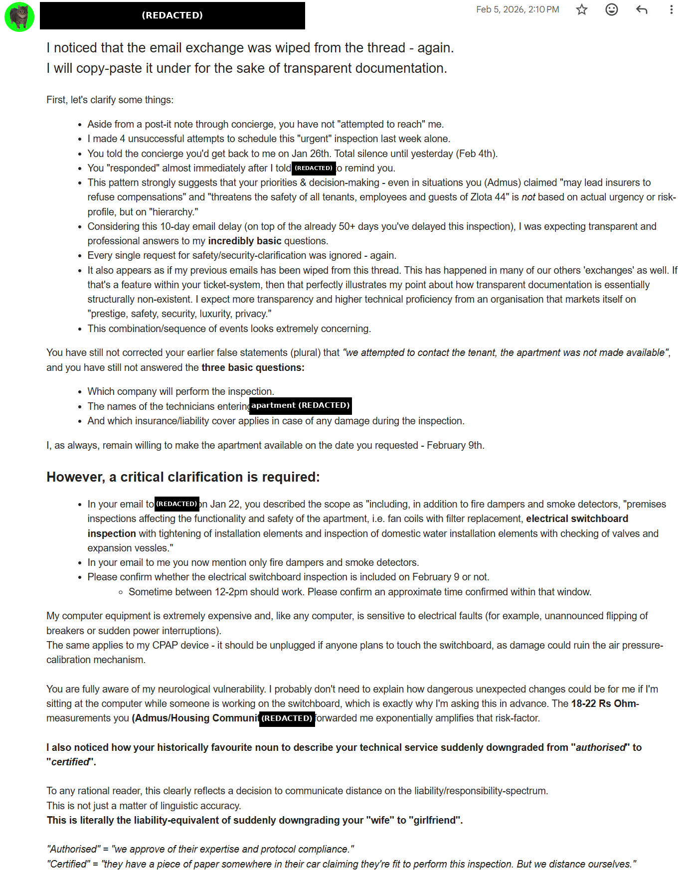 5 February 2026 contemporaneous email with personal names and apartment identifier shown as (REDACTED)