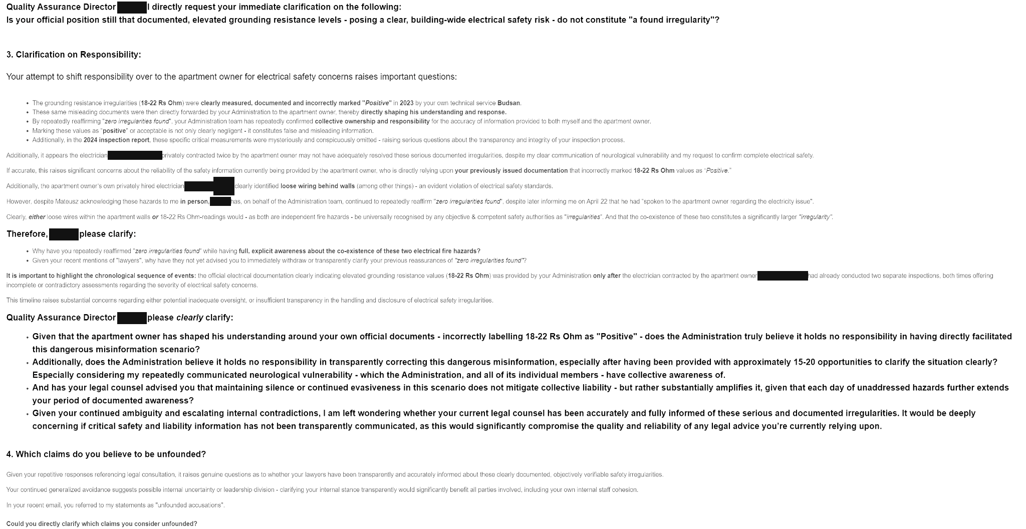 Second page of the resident electrical safety escalation