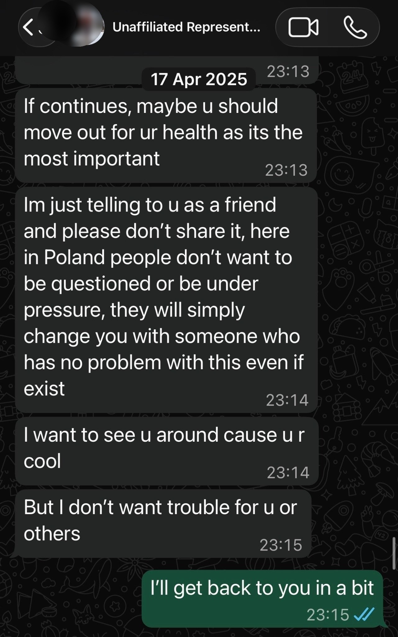 Redacted WhatsApp screenshot showing move-out-for-health pressure and message about replacing the person who notices problems
