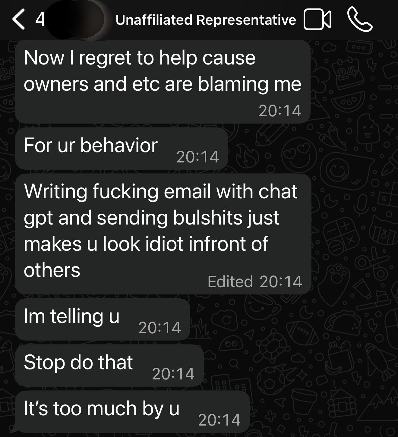 Redacted WhatsApp screenshot showing unaffiliated representative commenting on emails and ChatGPT