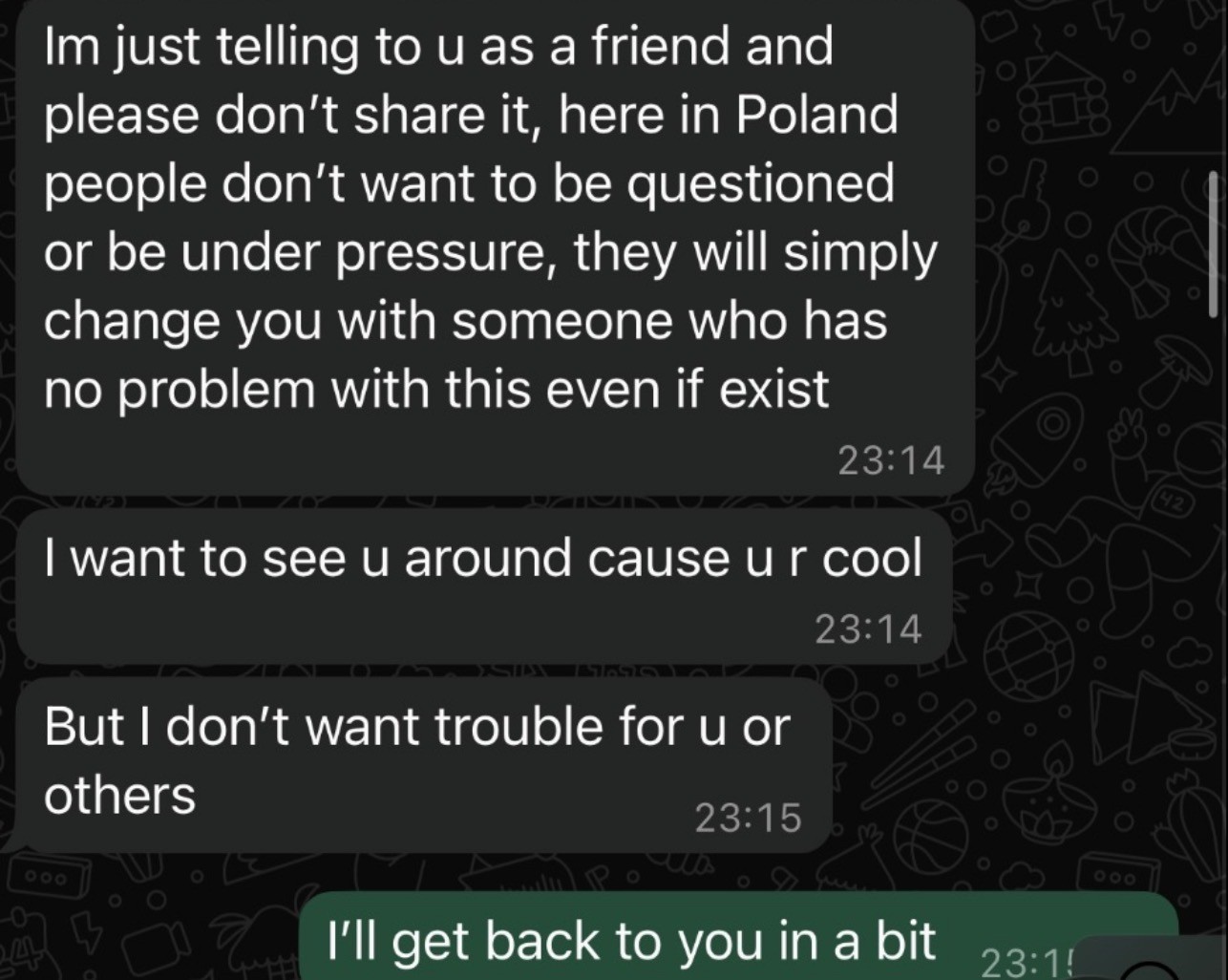 Verbatim message warning that the person who notices a problem gets replaced instead of the problem being fixed