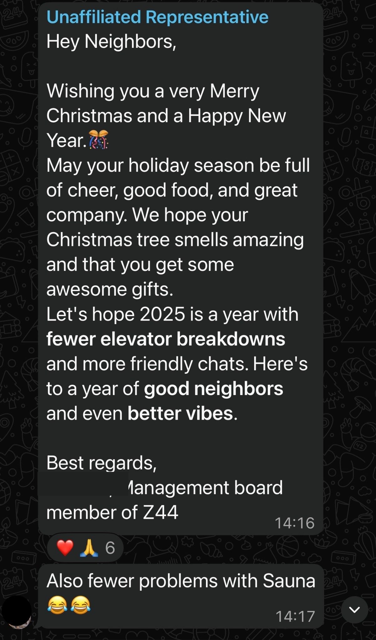 Redacted WhatsApp screenshot showing a message signed as management board member of Z44