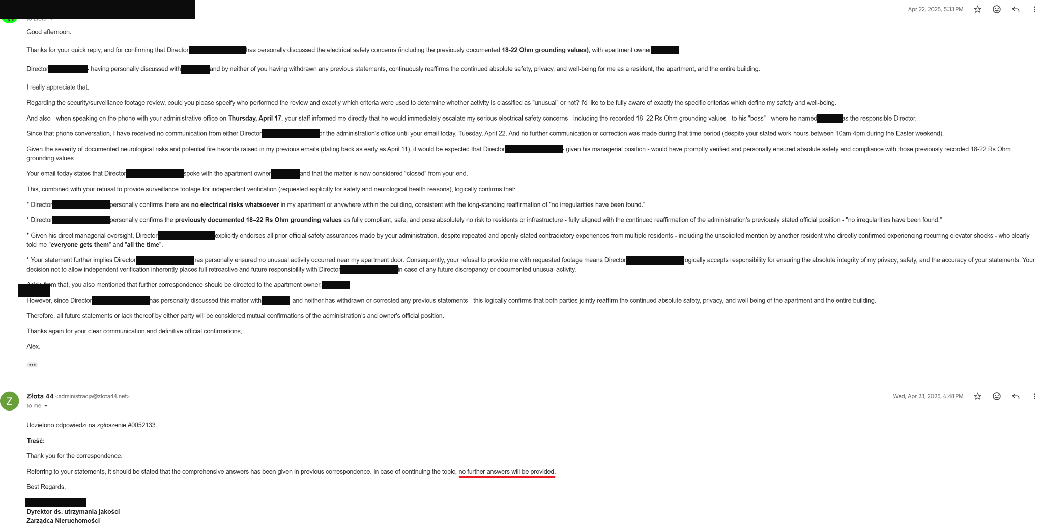 Resident safety-verification email followed by no-further-answers response