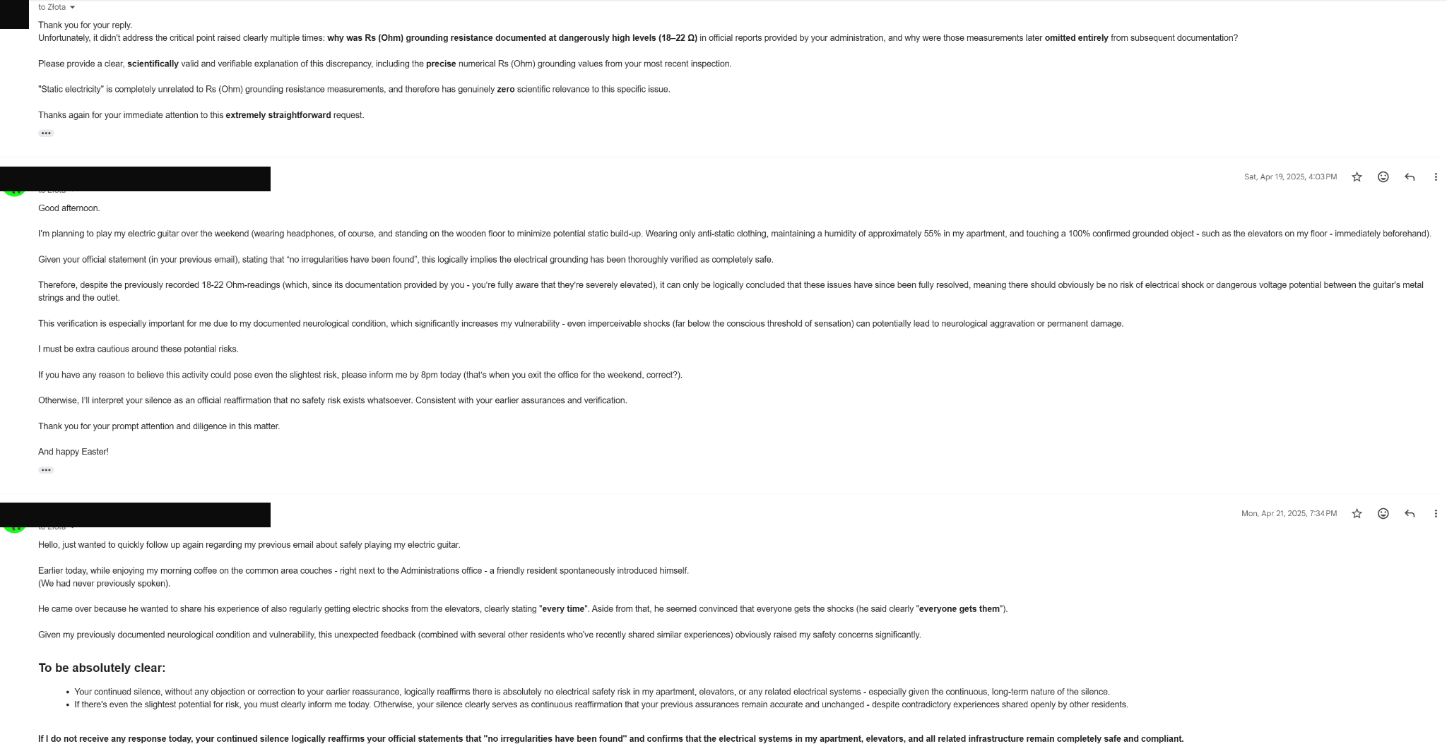 Repeated electrical-safety verification requests and neurological-vulnerability notice