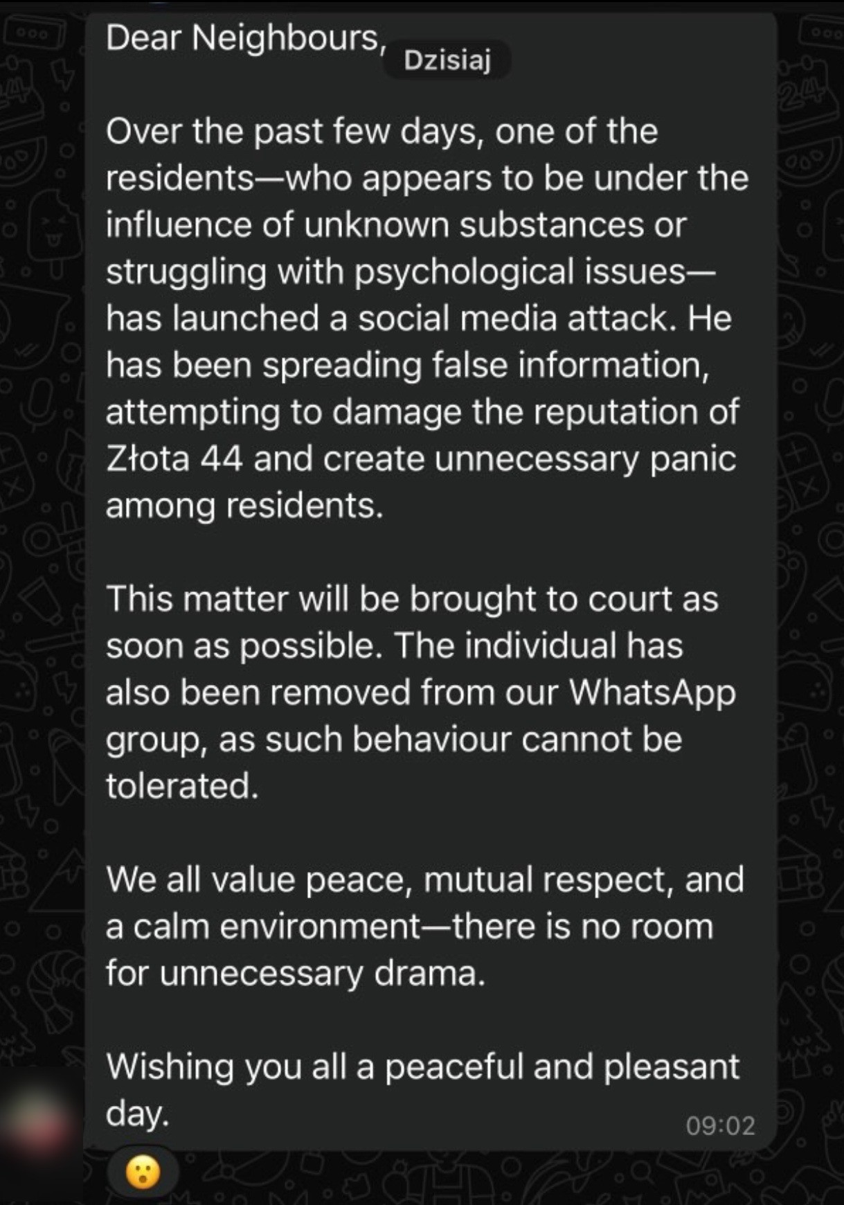 Resident-channel message alleging unknown substances or psychological issues; profile image redacted