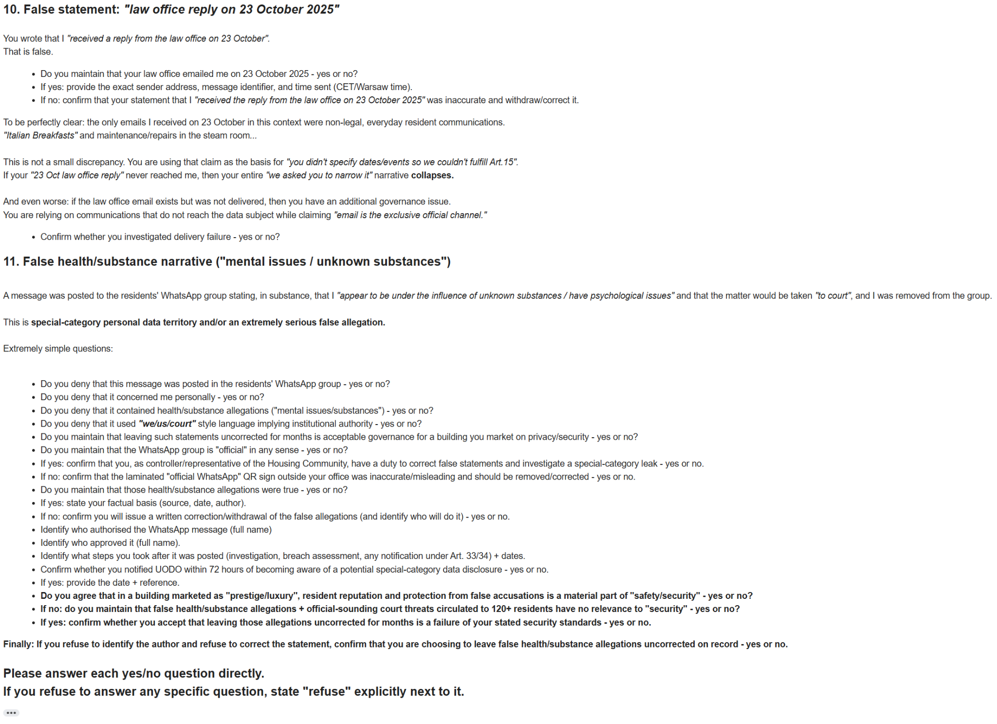 Fourth screenshot of the numbered contradiction email covering the claimed 23 October law-office reply and the health-substance allegation