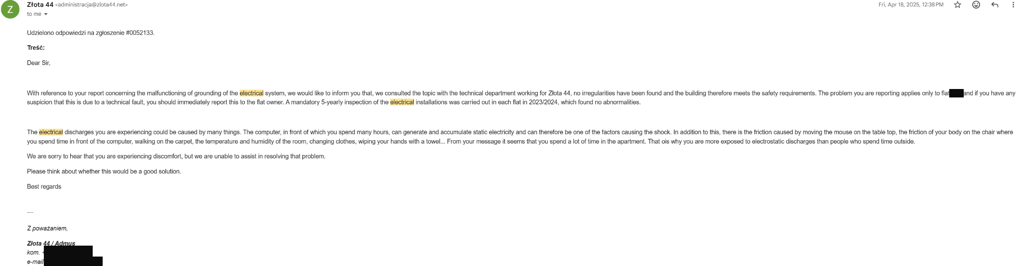 Administration response on electrical shocks and static electricity