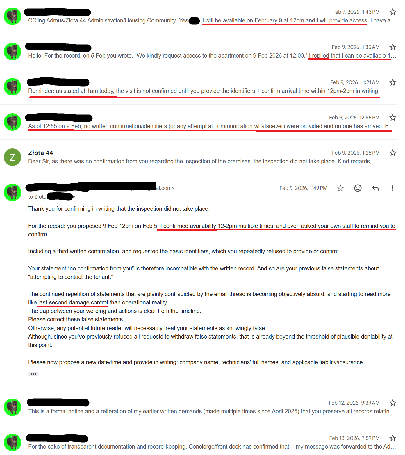 Redacted Gmail thread showing multiple written confirmations and reminders before Złota 44 wrote that there was no confirmation from the resident