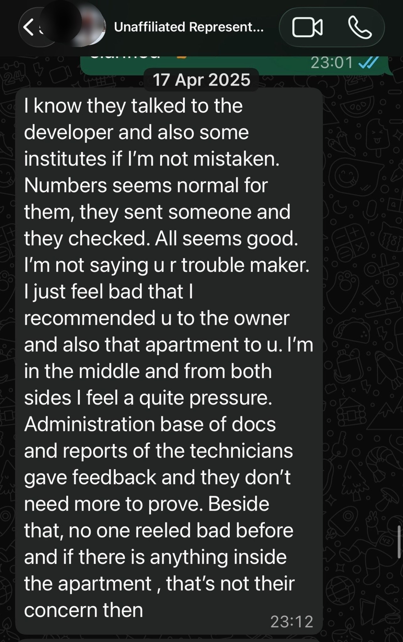 Redacted WhatsApp screenshot showing unaffiliated representative discussing administration reports, developer, institutes and pressure