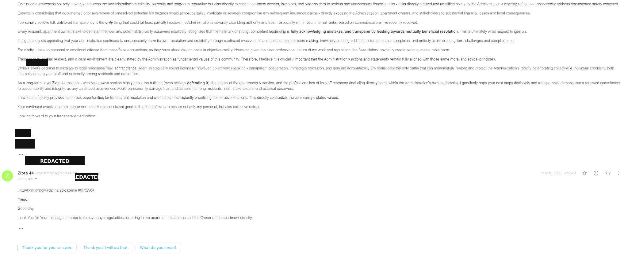 Final page of the resident electrical safety escalation and the next administration response