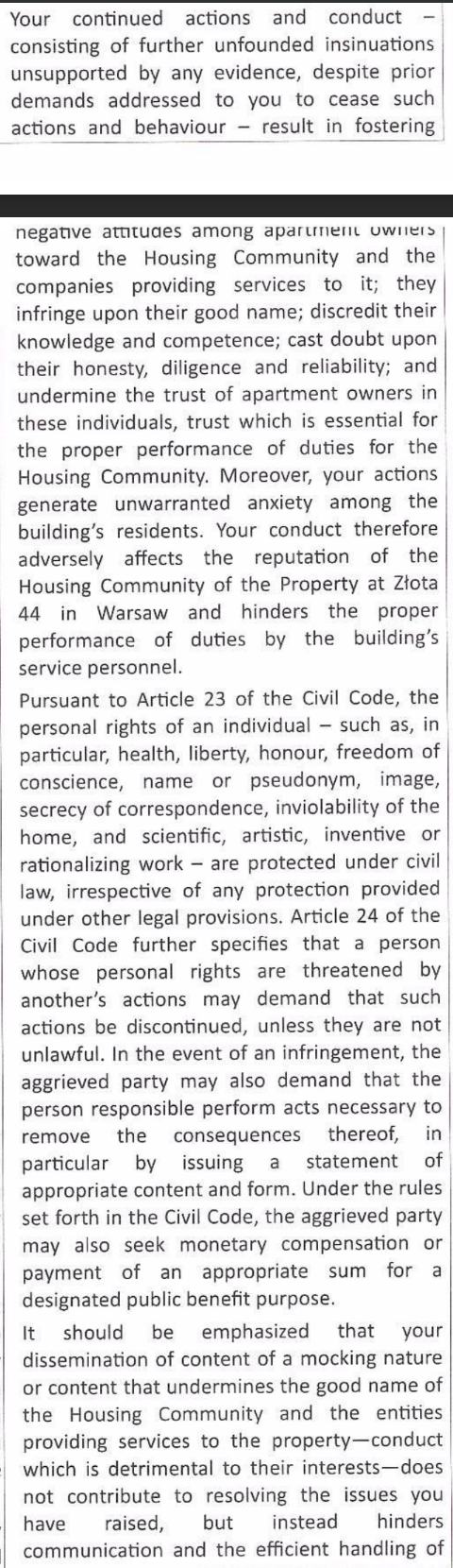 Legal letter excerpt invoking good name, competence, honesty, diligence, reliability, anxiety among residents, Article 23 and content described as mocking
