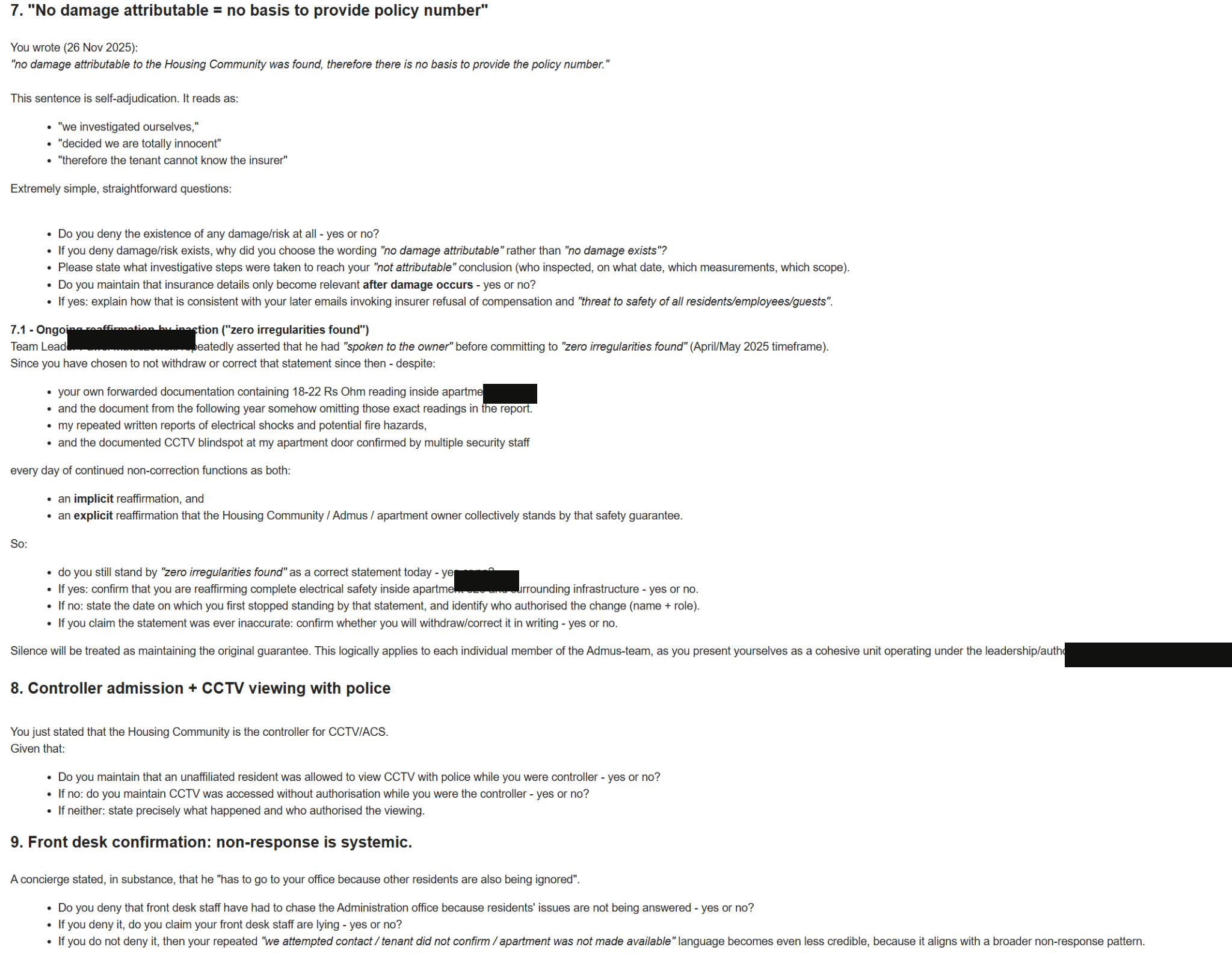 Redacted third screenshot of the numbered contradiction email covering the insurer response, CCTV access and front-desk non-response