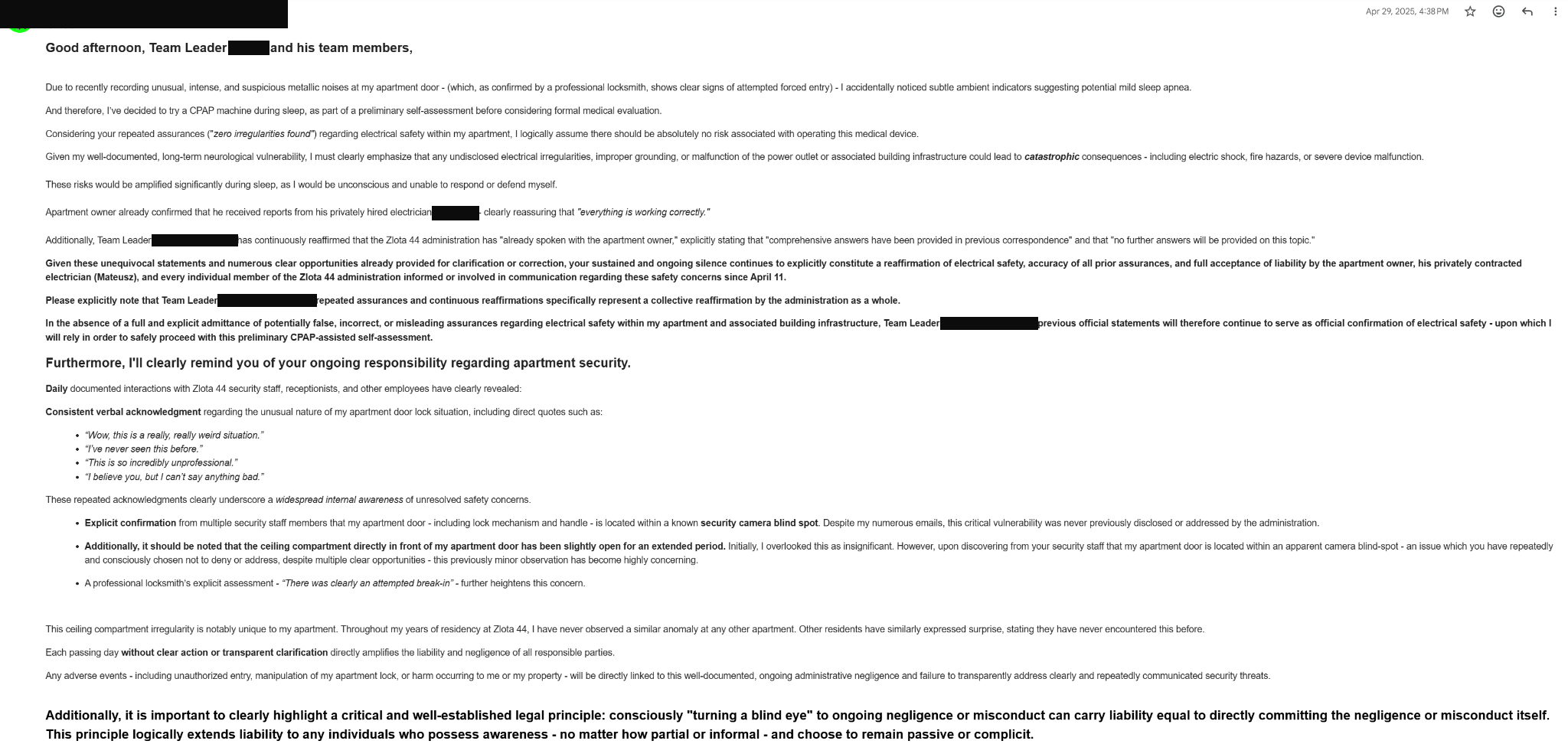 Email documenting electrical reliance, neurological vulnerability and door-CCTV concerns