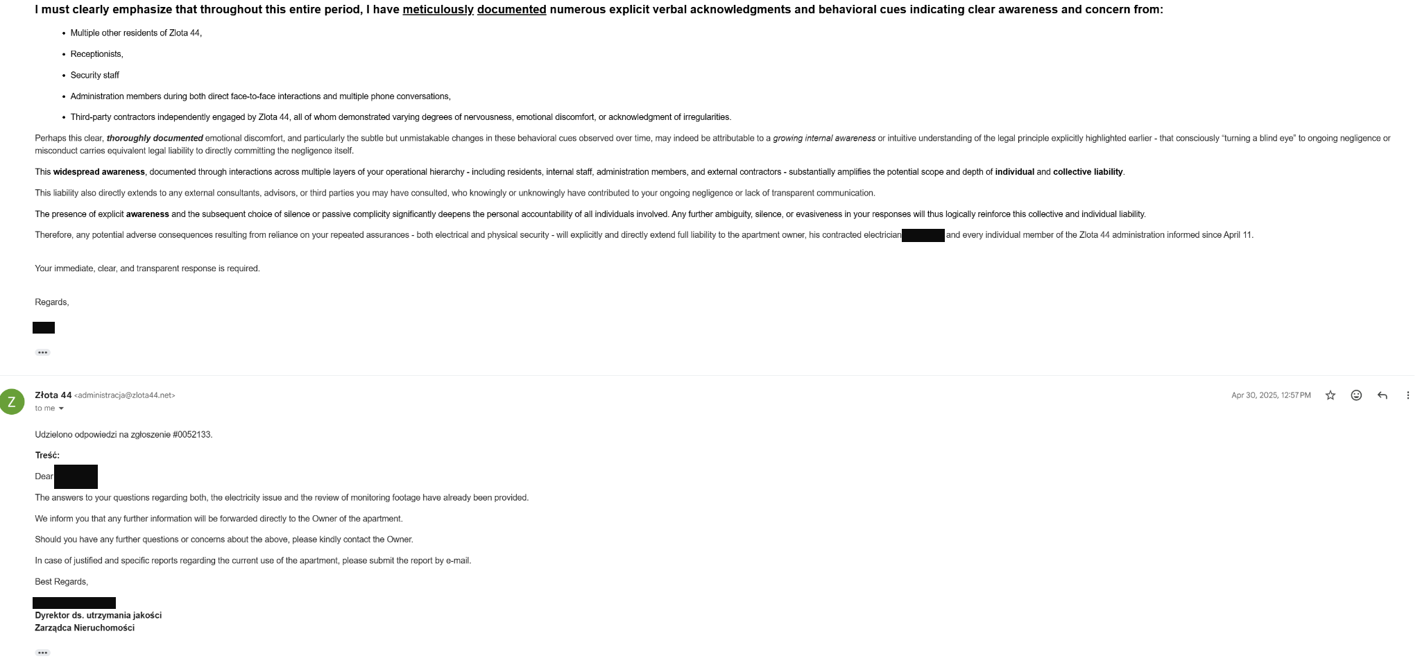 Administration response saying answers were already provided and redirecting further information
