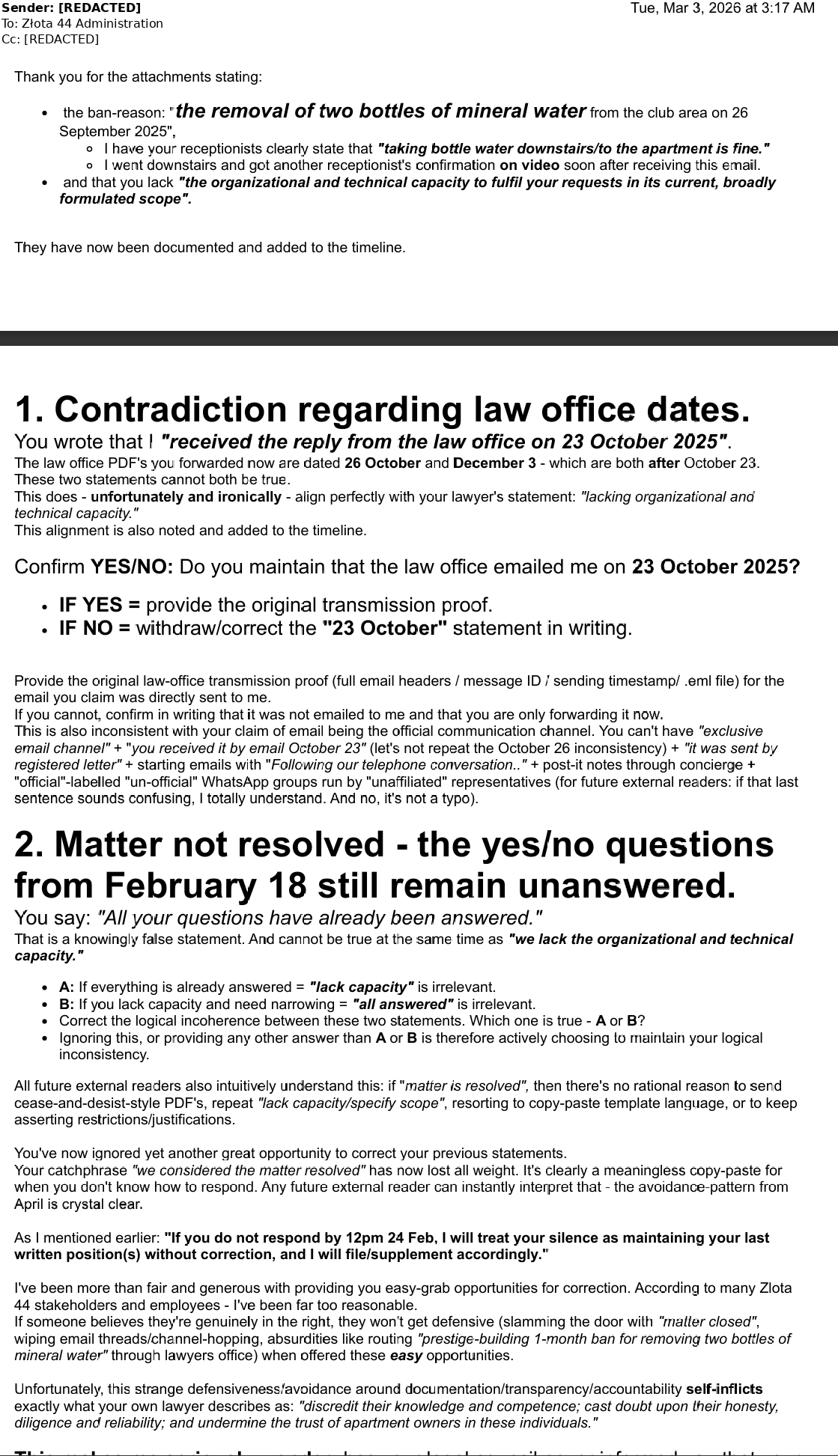 Redacted March 3, 2026 email offering Złota 44 Administration direct yes-no correction choices and documenting unresolved contradictions